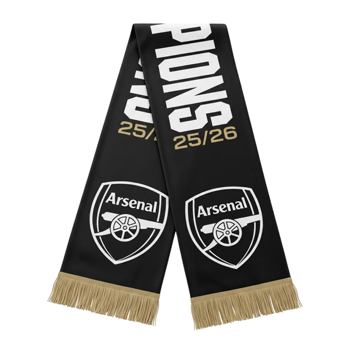 Official Arsenal FC EPL Champions 2025/26 Soccer Scarf Black Gold Acrylic Fringe