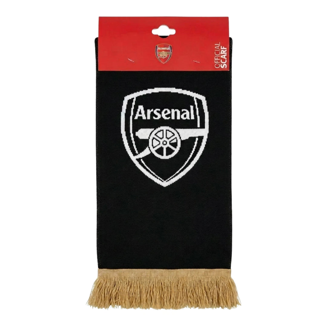 Official Arsenal FC EPL Champions 2025/26 Soccer Scarf Black Gold Acrylic Fringe