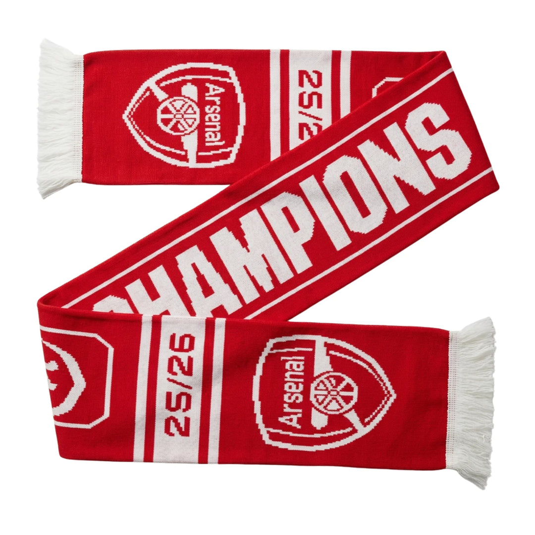 Official Arsenal FC EPL Champions 2025/26 Soccer Scarf Red White Acrylic Fringe