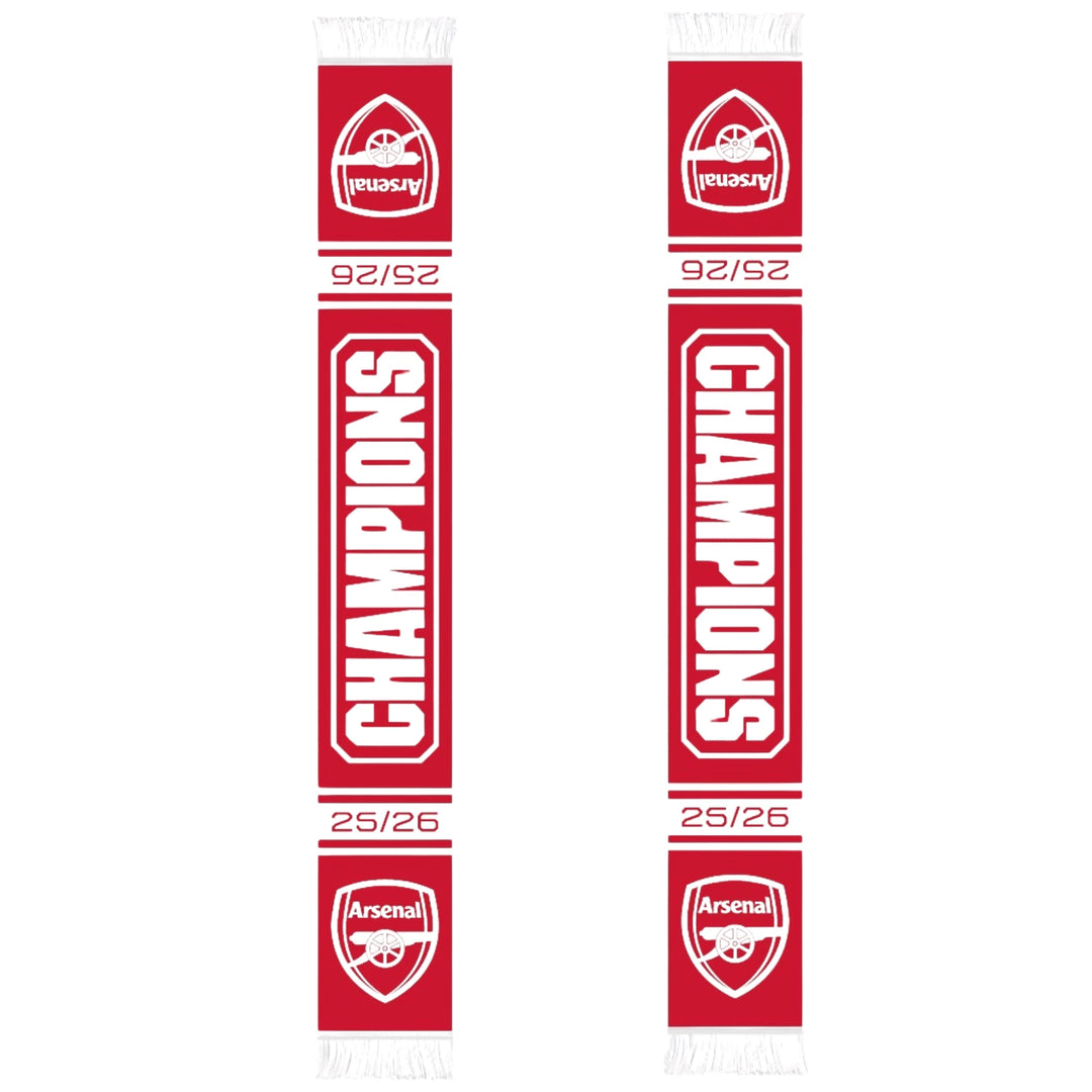 Official Arsenal FC EPL Champions 2025/26 Soccer Scarf Red White Acrylic Fringe