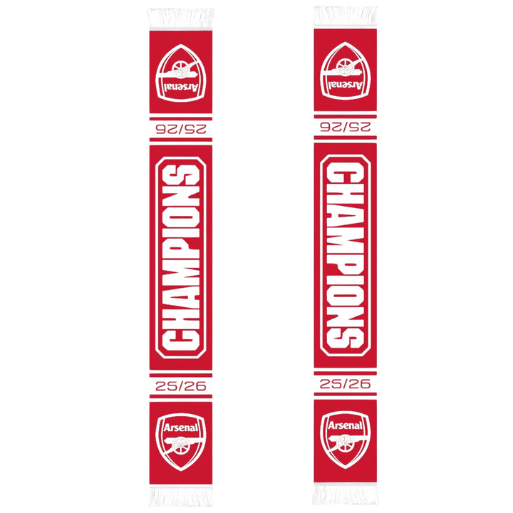 Official Arsenal FC EPL Champions 2025/26 Soccer Scarf Red White Acrylic Fringe
