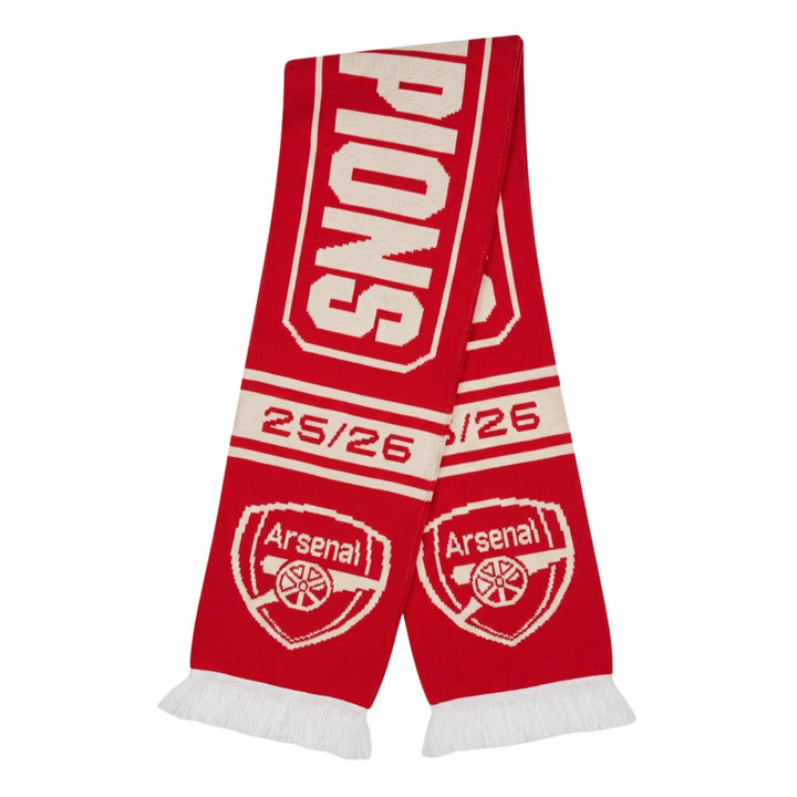 Official Arsenal FC EPL Champions 2025/26 Soccer Scarf Red White Acrylic Fringe